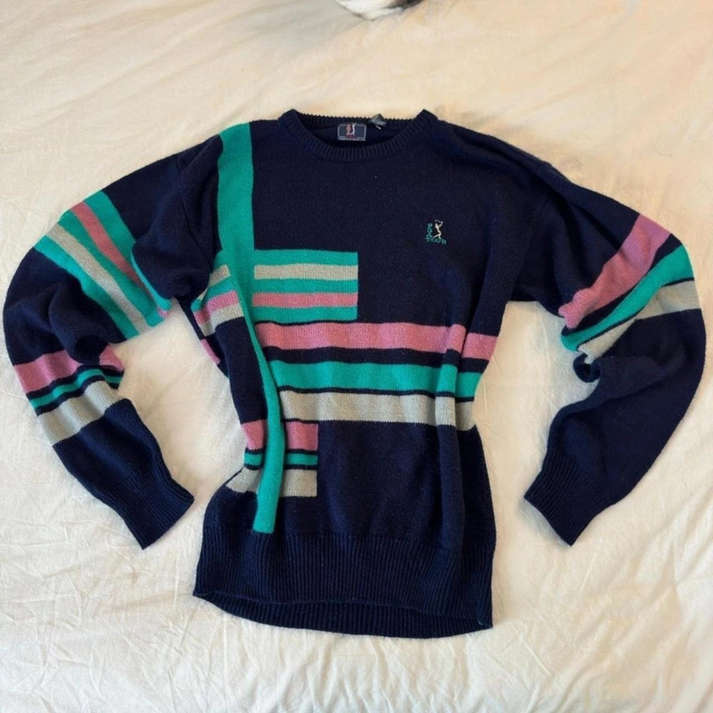 Navy blue vintage 80s striped PGA tour sweater‎